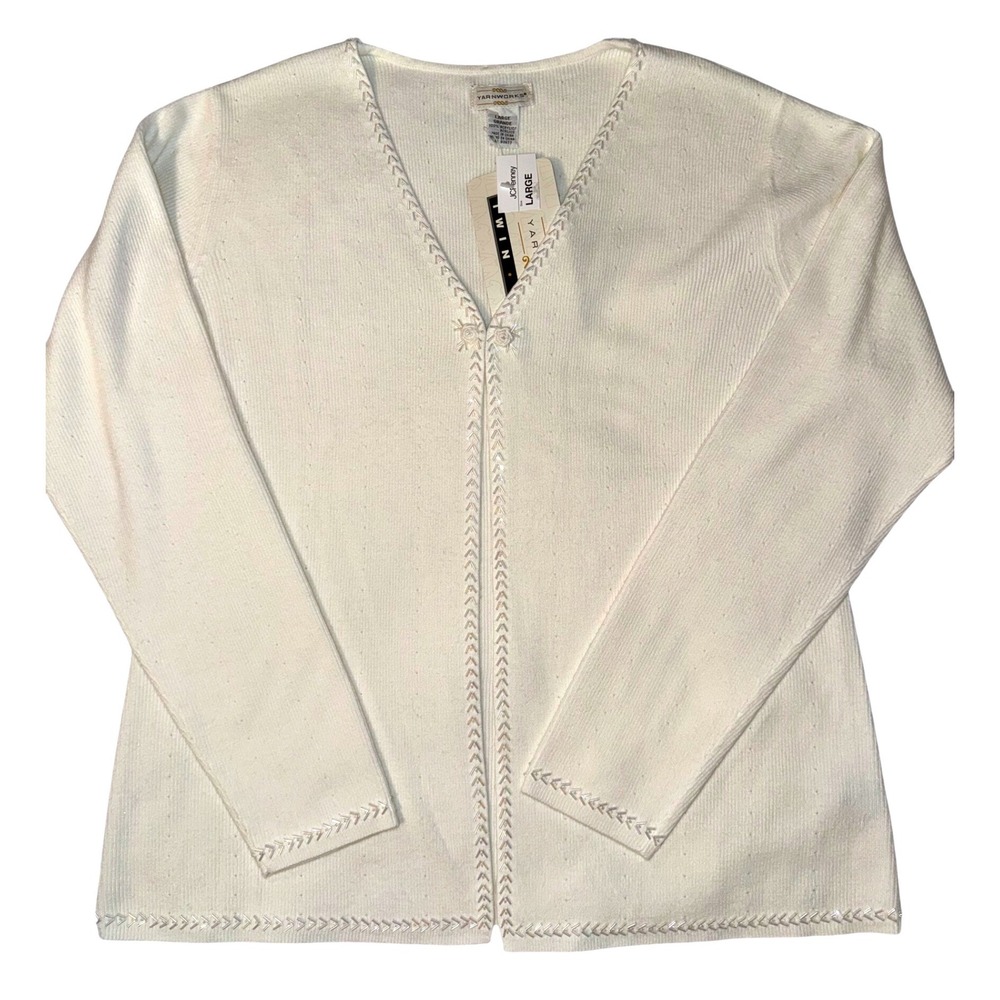 Yarnworks Womens Cream Long Sleeve Beaded Embellished Cardigan Sweater Large NEW